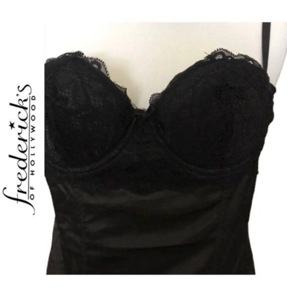 FREDERICK'S OF HOLLYWOOD Black Sexy Lace Chemises Slip Lace-Up Back sz M - Picture 4 of 6